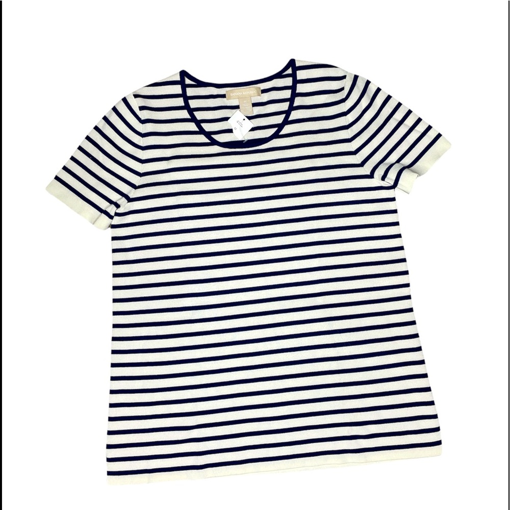 Banana Republic NWT Blue/Cream Classic Crewneck Striped Short Sleeve Top Size:M